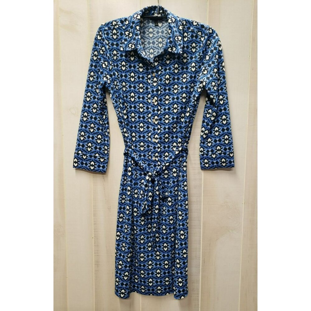 Talbots Shirt Dress, Baroque Print, Small, Tie Waist, Blue Black, 3/4 Sleeve